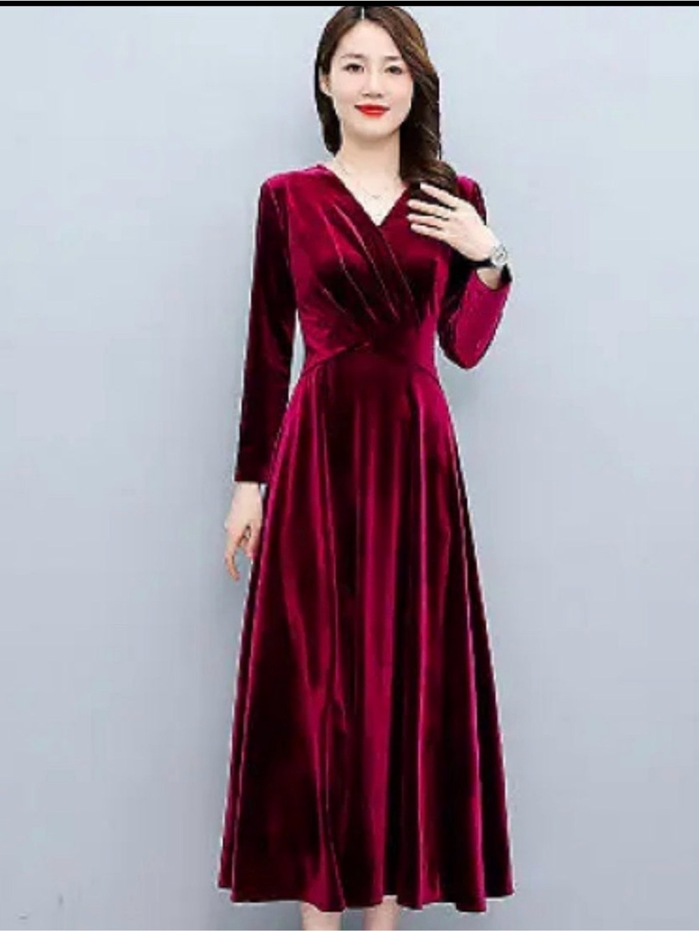 Velvet Long Sleeve Belted Maxi Dress - Deep Wine